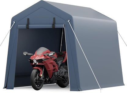 GarveeLife 6x8 FT Outdoor Storage Shed, Portable Carport with Roll-up Ventilated Zipper Door and Windows, Heavy Duty Waterproof Tarp, Storage Sheds for Motorcycle, Bike, Firewood, Garden Tools