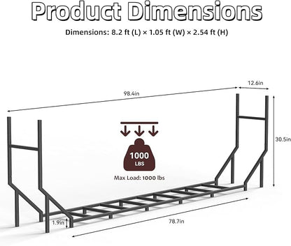 CADUKE 8.2ft Firewood Rack Outdoor & Indoor, Heavy Duty Metal Log Holder Storage Stand, 1/2 Cord Wood Rack Stacker with 1000lbs Capacity, Fire Wood Racks with16 Support Legs, for Patio Deck, Black