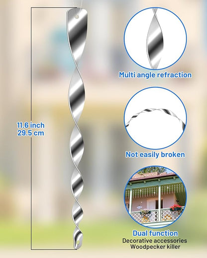 24Pcs Bird Reflective Scare Rods, Plastic Deterrent Devices for Outside Patio, House, Garden, Window to Keep Woodpecker Pigeon Away, Silver Hanging Wind Spinners Outdoor Decor