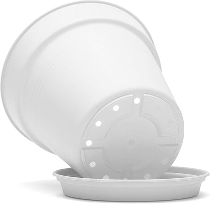 Mintra Garden Pots, 4 Pack Bulk Plastic Plant Pots with Drainage Tray, Round Indoor & Outdoor Decorative Planters with Drain Holes for Flowers, Herbs & Plants, 19cm Diameter – White, 7.5 in