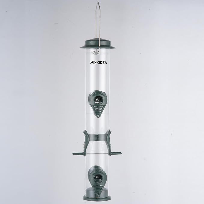 MIXXIDEA 1PK Metal Bird Feeders with 6 Feeding Ports,Tube Bird Feeder with Steel Hanger,Hard Plastic Wild Bird Feeder for Outdoors Hanging, Attracting Birds in Your Lawn, Garden, Balcony–Green