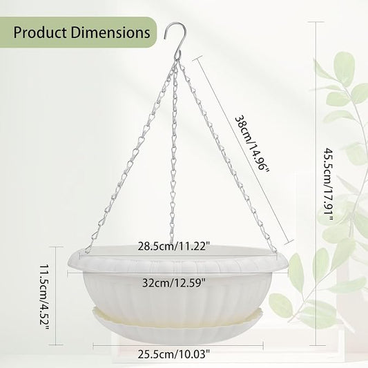 summer flower 3 Pack Large Hanging Planters 12.59in Plastic Plant Pots with Drainage Holes & Trays for Indoor Outdoor Garden Wall Window Decor (White)