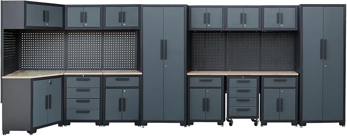 Garage Cabinets and Storage System, 17PCS Garage Storage Cabinet System Corner Workshop Set with Corner Cabinet, Cabinet Drawers, Workbench, Pegboard for Tool Organization, Black Grey