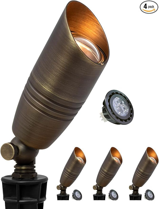 MALORY Brass Landscape Spotlights 4-Pack with Bulb Kit(S02), Low Voltage 12V AC/DC LED Outdoor Spot Uplights for House and Tree,PVC Ground Stake and Wire Connector Included, 5W 2700K Warm White