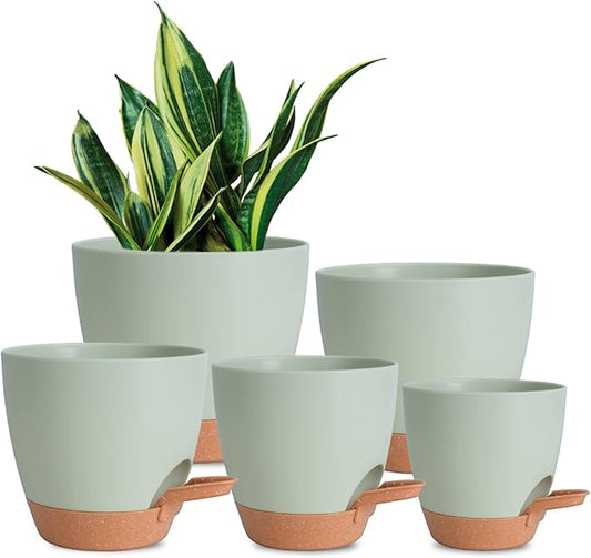 Vanslogreen Plant Pots Indoor 7/6.5/6/5.5/5 Inch Self Watering Planters for Indoor Plants with Drainage Hole, Plastic Flower Pots for Succulents, African Violet (Green)