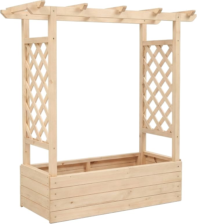 Vasitelan Raised Garden Bed with Trellis, Wooden Elevated Planter Box w/Drainage Holes & Removable Bottom Panels for Climbing Vine Flower, Indoor Outdoor Wood Planter for Yard Patio (Natural)