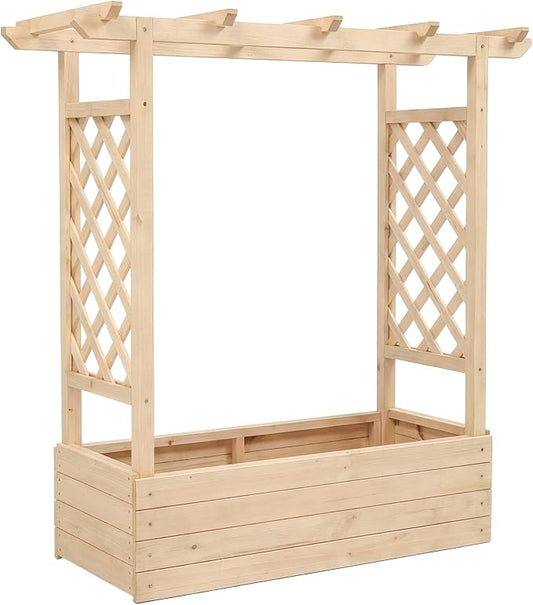 Vasitelan Raised Garden Bed with Trellis, Wooden Elevated Planter Box w/Drainage Holes & Removable Bottom Panels for Climbing Vine Flower, Indoor Outdoor Wood Planter for Yard Patio (Natural)