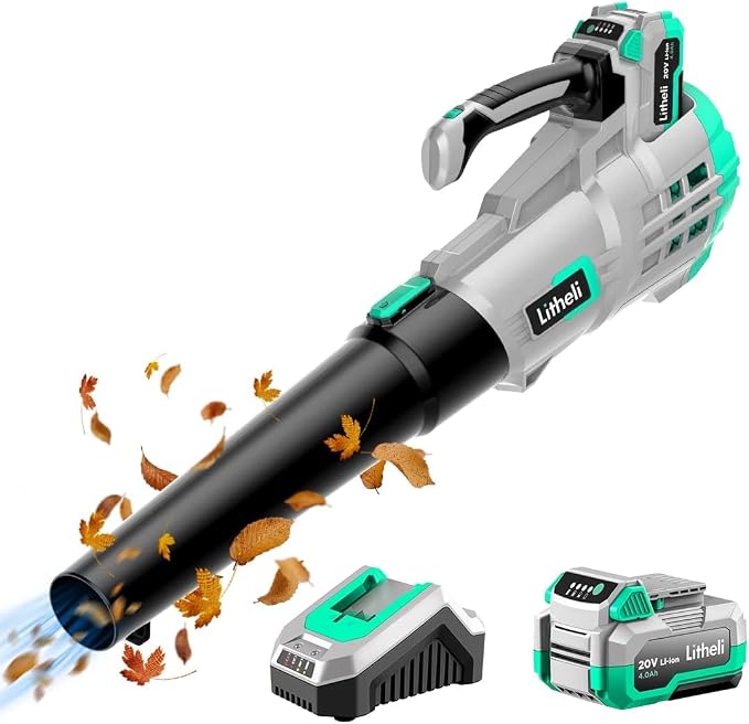 Litheli 20V Cordless Leaf Blower, 350 CFM 85 MPH Battery Powered Leaf Blower, Variable Speeds for Cleaning Leaves, Dust, Snow, Lawn, Yard, 4.0Ah Battery & Fast Charger