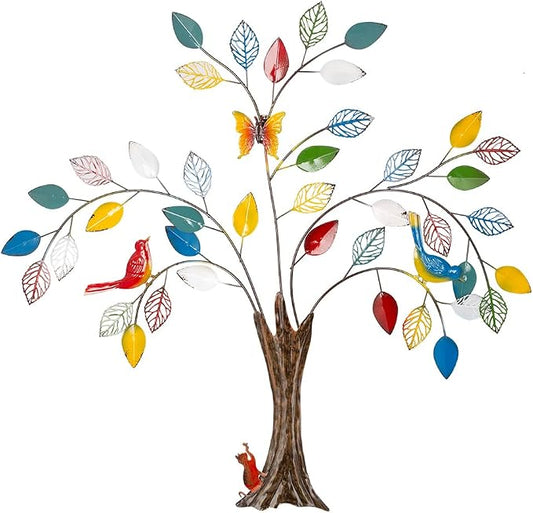 dreamskip 25" Tree of Life Metal Wall Art with Colorful Leaves and Birds, Large Metal Tree Wall Decor Sculpture Outdoor Indoor, Living Room, Patio, Fence, Bedroom, Garden Decoration