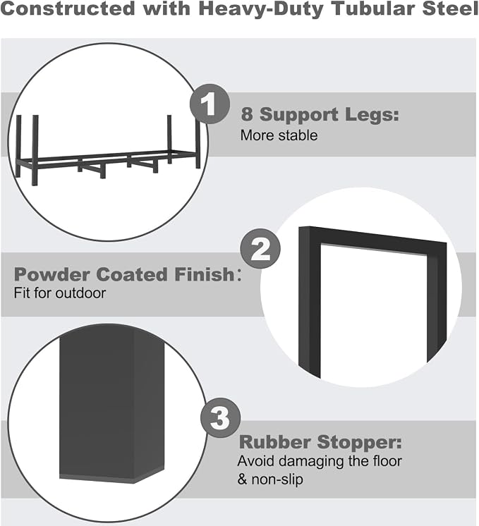 4ft Outdoor Firewood Rack Holder with 8 Support Legs for Fire Wood Pile Storage, Adjustable Heavy Duty Log Stacker Stand Organizer, Black
