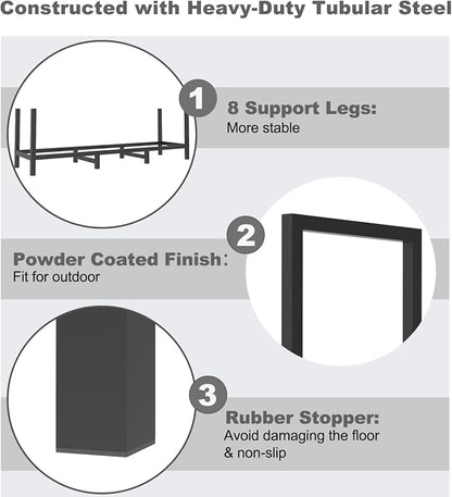 4ft Outdoor Firewood Rack Holder with 8 Support Legs for Fire Wood Pile Storage, Adjustable Heavy Duty Log Stacker Stand Organizer, Black