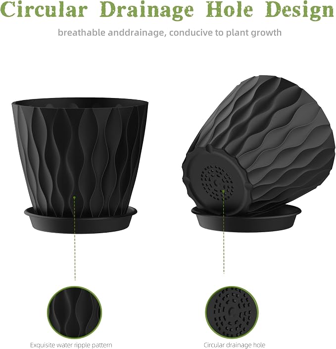 4 Inch Plant Pots, 6 Pack Indoor Flower Pots, Planters with Drainage Holes and Trays for Orchids, Violets, Succulents, Herbs, and Other Plants, Black