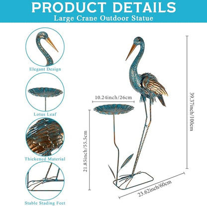 Metal Crane Garden Statue for Outside with Leaf Tray | Large Heron Outdoor Statues, Elegant Crane Yard Art Garden Decor for Garden Yard, Porch