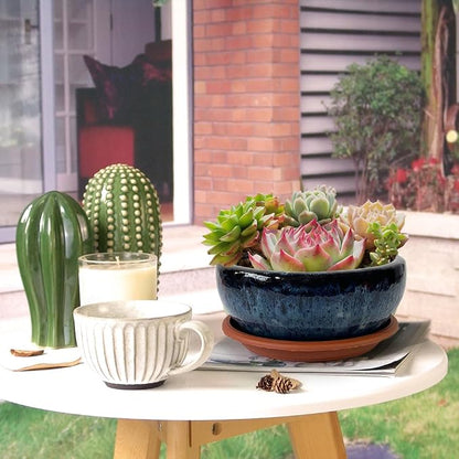 7 Inch Glazed Terracotta Plant Pot Round Ceramic Succulent Planter Pot with Drainage and Mesh Pad Cactus Clay Bonsai Pot (Blue)