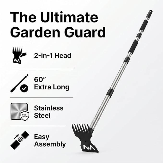 60" Weed Puller Tool with Long Handle, Heavy Duty 2-in-1 Stand Up Weeding Tool & Garden Hoe, Manual Weed Remover and Hand Rake for Yard, Lawn, Patio Gardening