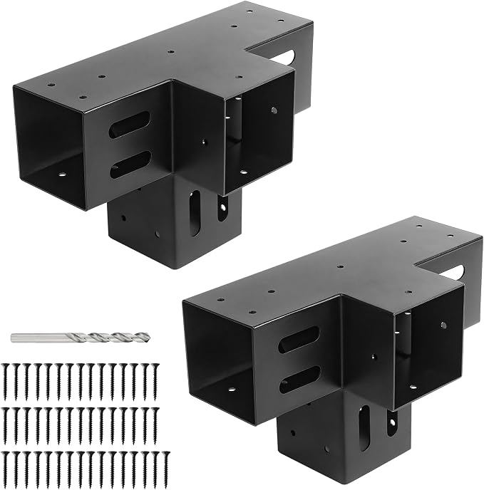 Woodworks 4x4 Pergola Brackets - 4-Way 90 Right Angle Corner Extension Brackets for 4x4 Inch Lumber (2PCS) - Black Powder Coated Modular Sizing Pergola/Gazebo Hardware