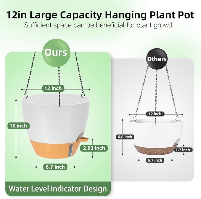 ZMTECH 12 Inch Hanging Planters for Indoor Outdoor Plants, 2 Pack Self Watering Hanging Plant Pots with Drainage Hole, Visual Reservoir, Plastic Flower Hanging Pots with Watering Lip (White)