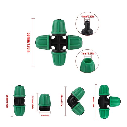 1/4 Inch Drip Irrigation Fittings Kit, 50Pcs Drip Connectors for 1/4" Tubing, Drip Line Connectors with Elbow Coupling Tee 4-Way End Cap, Irrigation Parts for Garden Greenhouse Flower Garden Watering