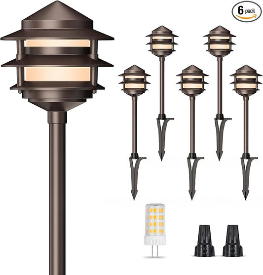 Gardencoin Pagoda Low Voltage Landscape Pathway Lights, 12V Outdoor LED Path Lights Wired, Aluminum Walkway Lighting with 4W 2700K Replaceable G4 Bulb, Bronze Classic 3-Tier Lantern, 6 Pack