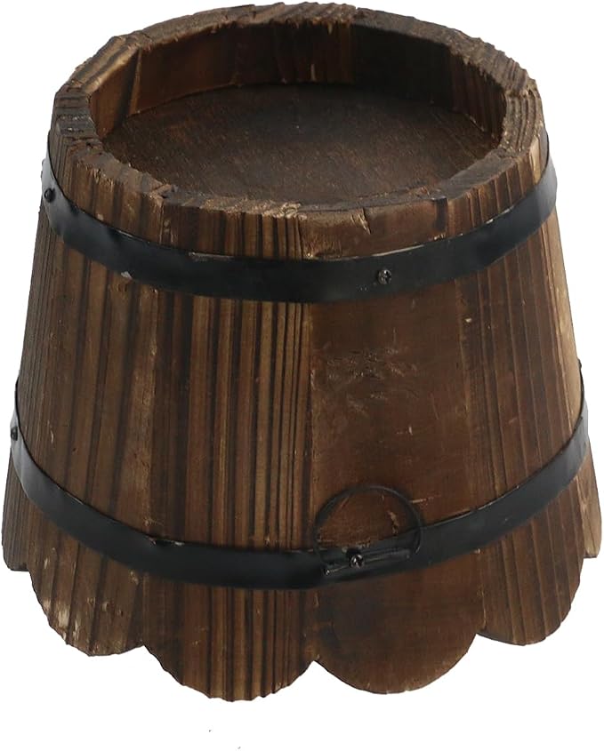 MY MIRONEY Wooden Barrel Planter Vintage Style Wood Bucket Rustic Garden Flower Plant Pots Container with Metal Ring Handles, Wave Mouth, 5.91" x 4.72"