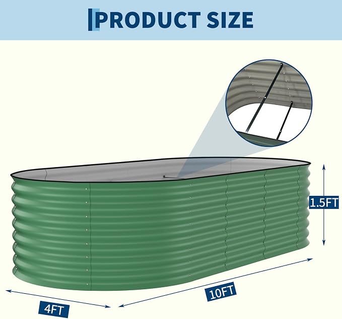 Garvee 2 Pack 10x4x1.5ft Galvanized Raised Garden Bed Kit, Oval Metal Planter Boxes with Anti-Cut Safety Edges, Rust-Resistant Deep Root Planters for Outdoor Vegetables, Flowers, Herbs, Green