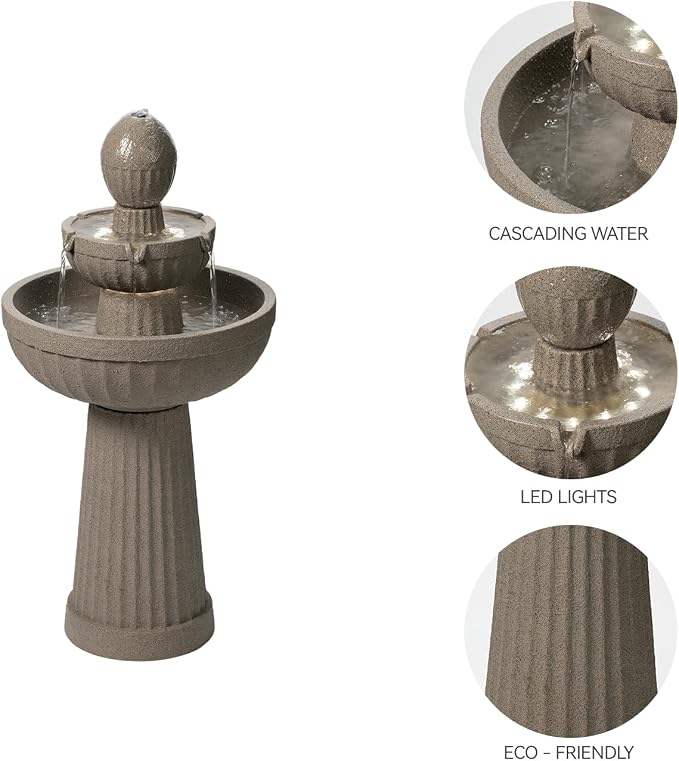 37.80” H Outdoor Water Fountain Made with Eco-Friendly Recyclable Materials, Polyethylene Cascading Waterfall Water Fountain Outdoor, Garden Decor with LED Light for Patio, Backyard (Andesite)
