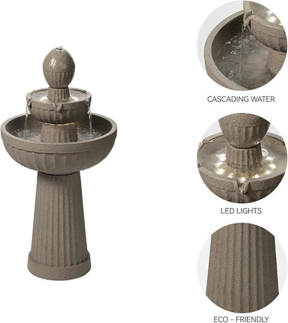 37.80” H Outdoor Water Fountain Made with Eco-Friendly Recyclable Materials, Polyethylene Cascading Waterfall Water Fountain Outdoor, Garden Decor with LED Light for Patio, Backyard (Andesite)