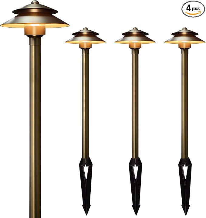 Gardencoin Solid Brass Low Voltage Landscape Pathway Lights (6'' Shade, 19'' Tall), 12V LED Heavy Duty Path Lighting Outdoor Wired, Waterproof Antique Bronze Walkway Light Without G4 Bulb, 4 Pack