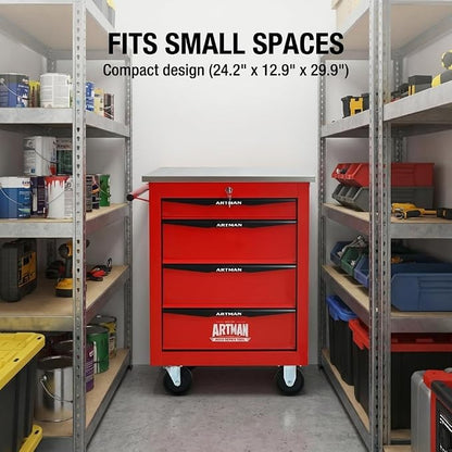 4-Drawer Rolling Tool Chest, Lockable Stainless Worktop for Garage, Red | Heavy Duty Metal Tool Cabinet with Drawers on Wheels for Warehouse and Workshop Storage