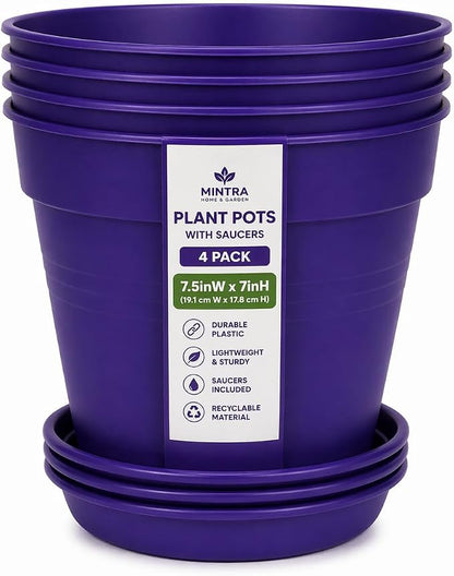 Mintra Garden Pots, 4 Pack Bulk Plastic Plant Pots with Drainage Tray, Round Indoor & Outdoor Decorative Planters with Drain Holes for Flowers, Herbs & Plants, 19cm Diameter – Purple, 7.5 in