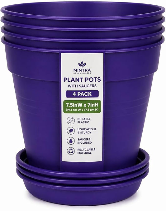 Mintra Garden Pots, 4 Pack Bulk Plastic Plant Pots with Drainage Tray, Round Indoor & Outdoor Decorative Planters with Drain Holes for Flowers, Herbs & Plants, 19cm Diameter – Purple, 7.5 in
