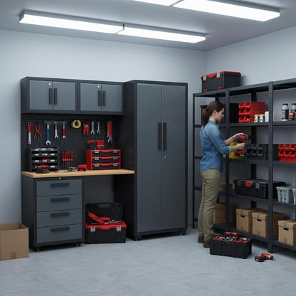 Garage Storage Cabinet System, 7PCK Workshop Set Garage Cabinets and Storage System with Steel Cabinet Drawers, Workbench, Pegboard for Tool Organization