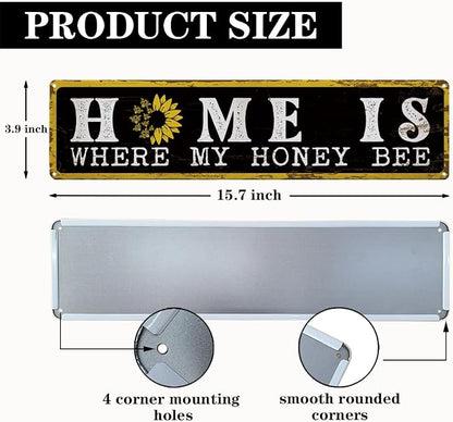 Garden Metal Tin Sign Bee Decor, Vintage Farmhouse Wall Art, Home Is Where My Honey Bee Sign, for Yard Fence Porch, Rustic Outdoor Garden Decoration, Ideal for Honey Lovers, 15.7 x 3.9 Inches