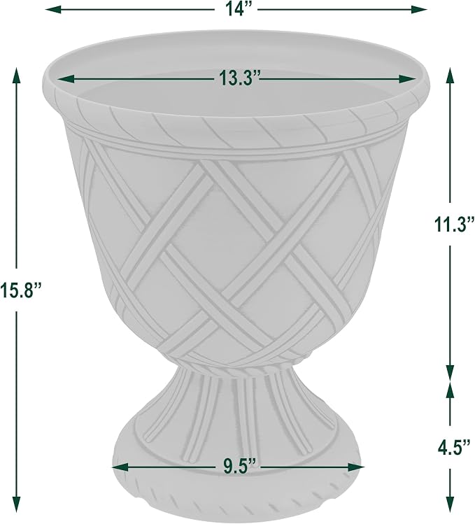 Arcadia Garden Products PL61WT Lattice Plastic Garden Urn, Classic Decorative Garden Pot Planter for Indoor and Outdoor Plants, White