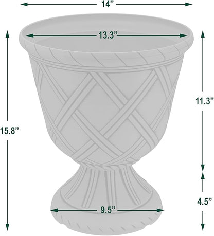 Arcadia Garden Products PL61WT Lattice Plastic Garden Urn, Classic Decorative Garden Pot Planter for Indoor and Outdoor Plants, White