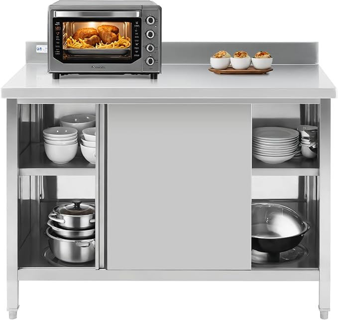 Hally Stainless Steel Cabinet, 24" x 48" NSF Commercial Heavy Duty Prep Workbench with Backsplash and Two Sliding Doors, Large Storage Cabinet, Metal Table for Kitchen, Restaurant, Garage