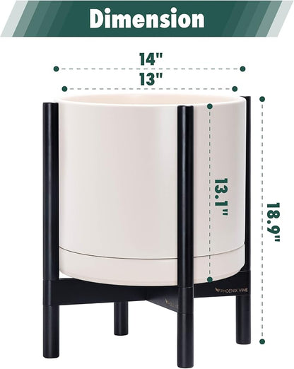 D'vine Dev Ceramic Planter with Ebony Stand - 14 Inch Modern Round Flower Pot with Wood Planter Holder, Oatmeal, 55-B-S-8