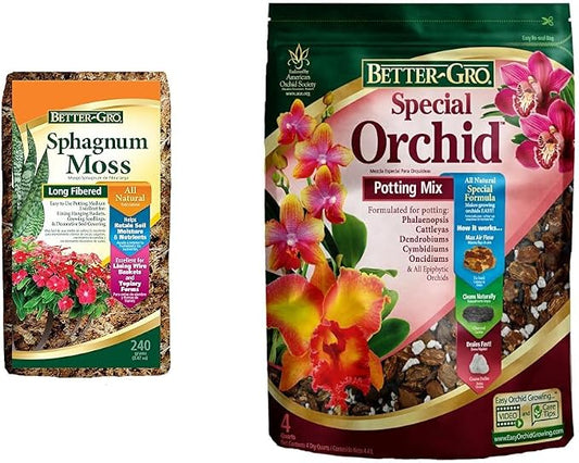 Better-Gro Sphagnum Moss - 100% Natural, Long-Fiber Moss for Orchids, Ferns, and Host & Better-Gro Special Orchid Mix - Premium Grade Orchid Bark Potting Mix for Potting, Repotting, Enhanced