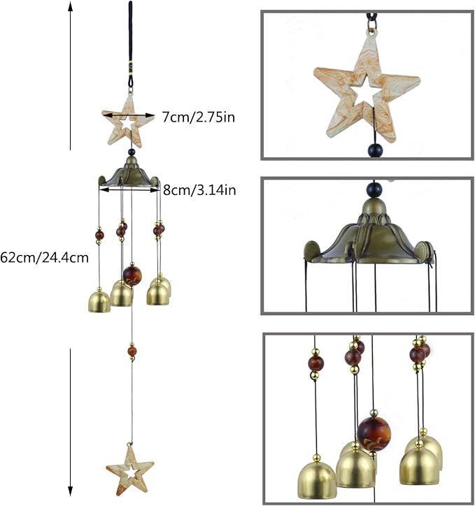 Star Wind Chimes for Outside with 5 Brzone Chime Bells, Rustic Wind Chime Hanging Decor for Garden Patio Yard