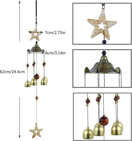 Star Wind Chimes for Outside with 5 Brzone Chime Bells, Rustic Wind Chime Hanging Decor for Garden Patio Yard