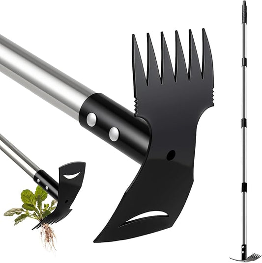 Mitclear Weed Remover Tool with Long Handle(58IN), 2-in-1 Hand Weed Puller with Rake & Garden Hoe Combo for Gardening, Manual Weeding Tools for Gardens, Yards, Patios, Lawns, and Paved Areas