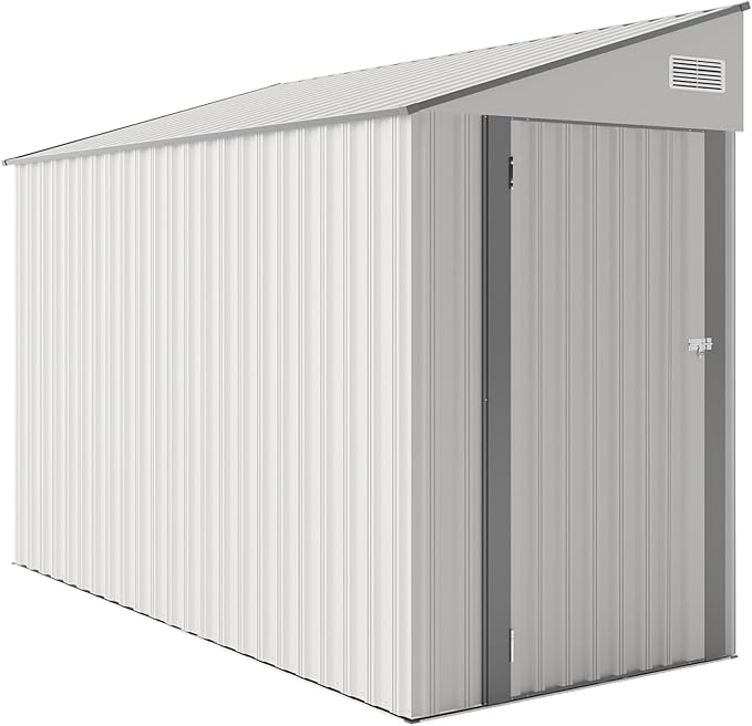YOPTO 4×8 FT Outdoor Metal Storage Shed,Heavy-Duty Lean to Storage Shed with Lockable Single Side Hinge Door,Waterproof Metal Storage Tool House W/Sloping Roof,Air Vent&Protect Film,for Backyard,White