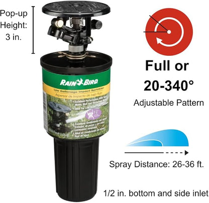 Rain Bird LG-3 Low Gallonage Pop-up Impact Lawn Sprinkler, Adjustable 20° - 360° Pattern, 26' - 41' Spray Distance, Black (Pack of 2)