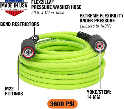 Flexzilla Pressure Washer Replacement Hose, 1/4 in. x 50 ft., 3600 PSI, M22 Fittings, No-Kink, Lightweight, ZillaGreen