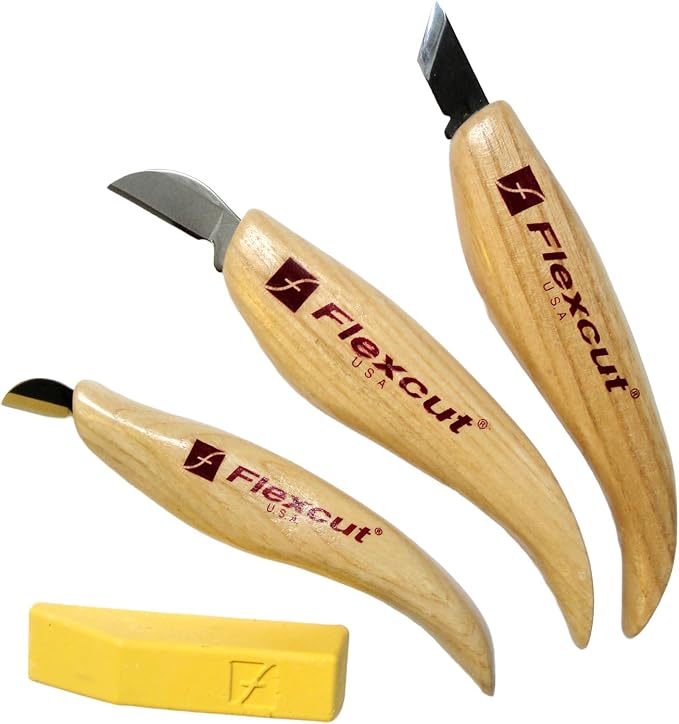 FLEXCUT Wood Carving Knives | Chip Carving Set | 1095 High Carbon Steel Blades | Ergonomic Ashwood Handle | Set of 3 Woodcarving Tools | KN115 | Made in the U.S.A.
