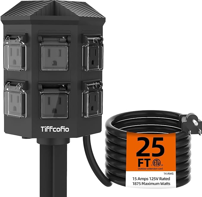 TiFFCOFiO Outdoor Power Strip Waterproof, 24 Hour Mechanical Timer, 6 ft Extension Cord, 6 Grounded Outlets for Outdoor Lights, ETL Listed (25 FT)