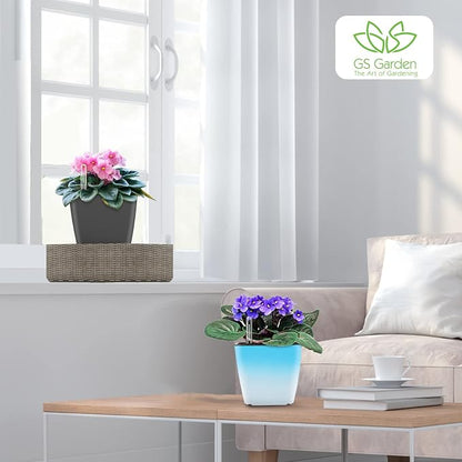 Self Watering Planters for Indoor Plants, 5.2 Inch 3 Pack Square Plastic Plant Pots with Water Level Indicator & Drainage System for African Violet Herbs Succulents - Gradient Blue