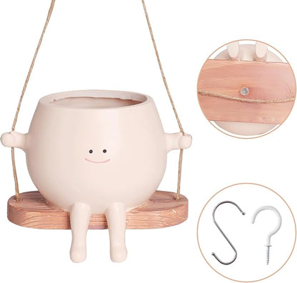 Large Swinging Smiley Face Planter Pot Hanging Flower Planters for Indoor and Outdoor Plants, Funny Succulent Pots for String of Pearls Plant Live- Ideal Gifts for Mother's Day and Christmas