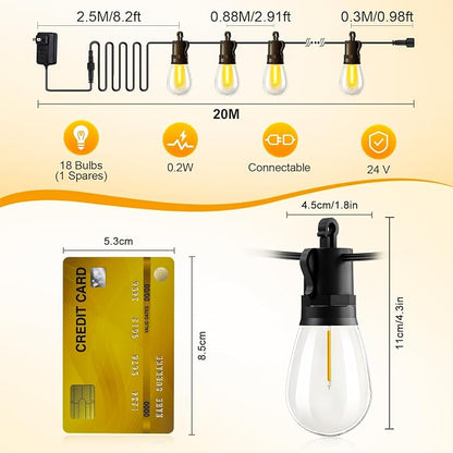 Outdoor String Lights Patio LED - Light Outside Waterproof S14 Porch Lighting Edison Plastic Bulb Pergola Hanging Balcony Connectable Backyard Yard Gazebo Party Garden Bistro 20M 65FT