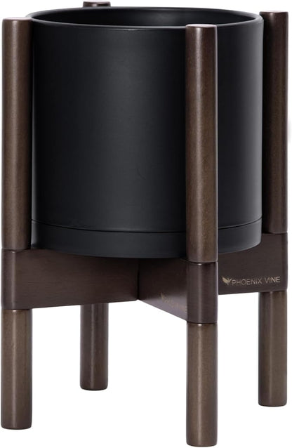 D'vine Dev Plastic Pot with Walnut Wood Stand, Black, 8 in, 55-C-I-2 | Mid-Century Inspired Design, Elevated Plant Display, Clean Lines, Sturdy Support, Modern Space-Saving Style